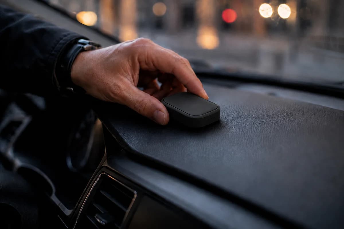 SafetyTag mounted on a taxi dashboard.